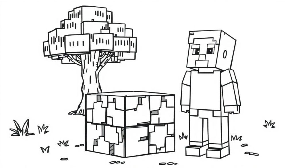 Een kleurplaat met een Minecraft-achtig spielerfiguur, een boom en een blokstructuur op de grond.