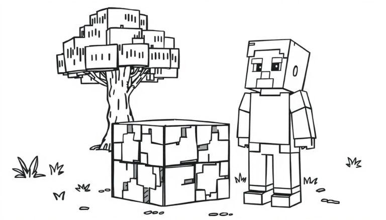 Een kleurplaat met een Minecraft-achtig spielerfiguur, een boom en een blokstructuur op de grond.