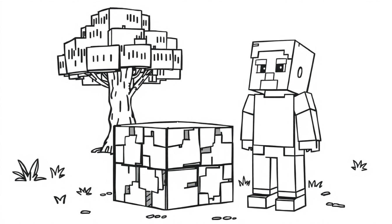 Een kleurplaat met een Minecraft-achtig spielerfiguur, een boom en een blokstructuur op de grond.