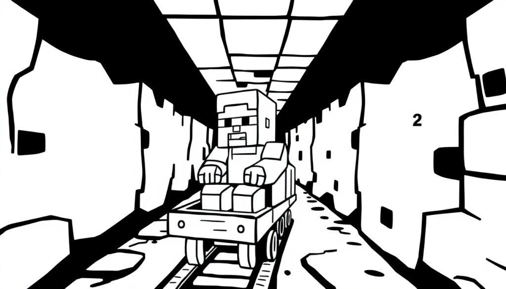 Kleurplaat van een Minecraft-achtig mijnkarretje met een blokfiguur erin die door een ondergrondse tunnel rijdt.