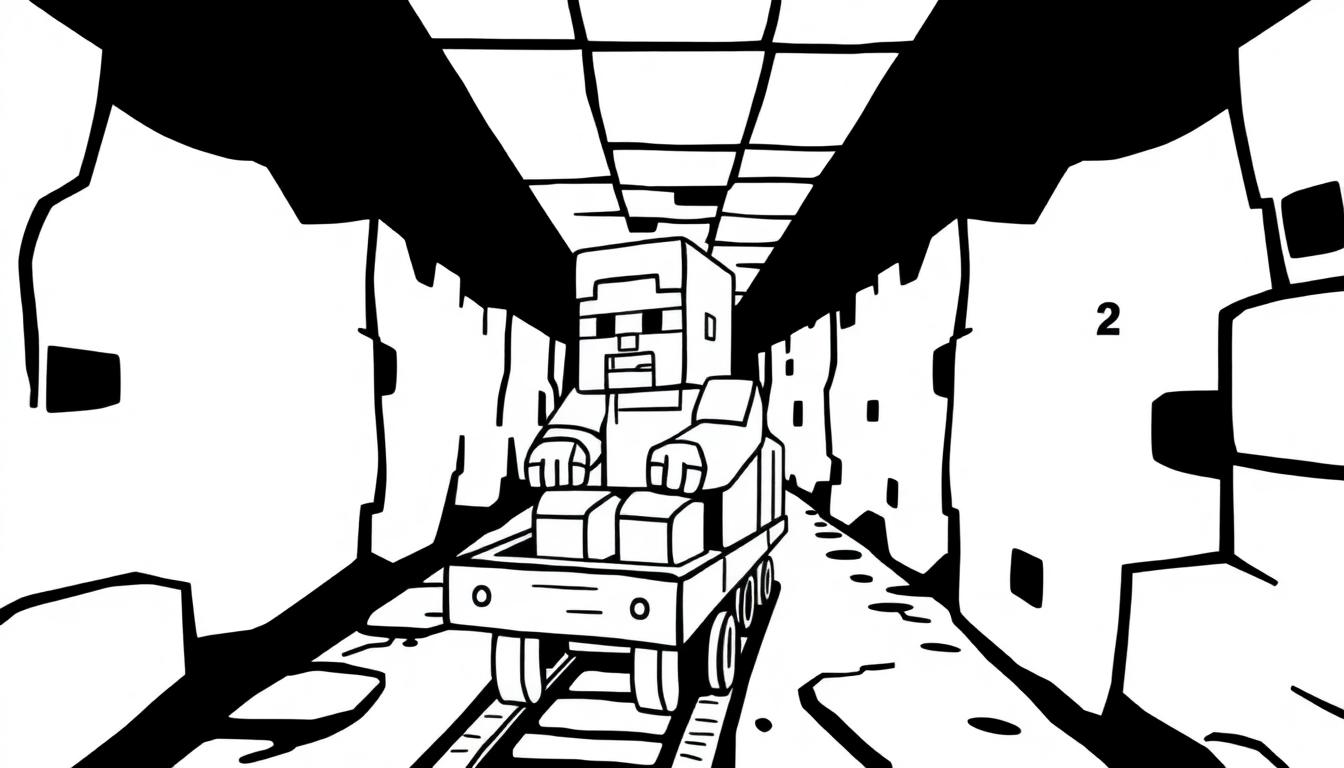 Kleurplaat van een Minecraft-achtig mijnkarretje met een blokfiguur erin die door een ondergrondse tunnel rijdt.