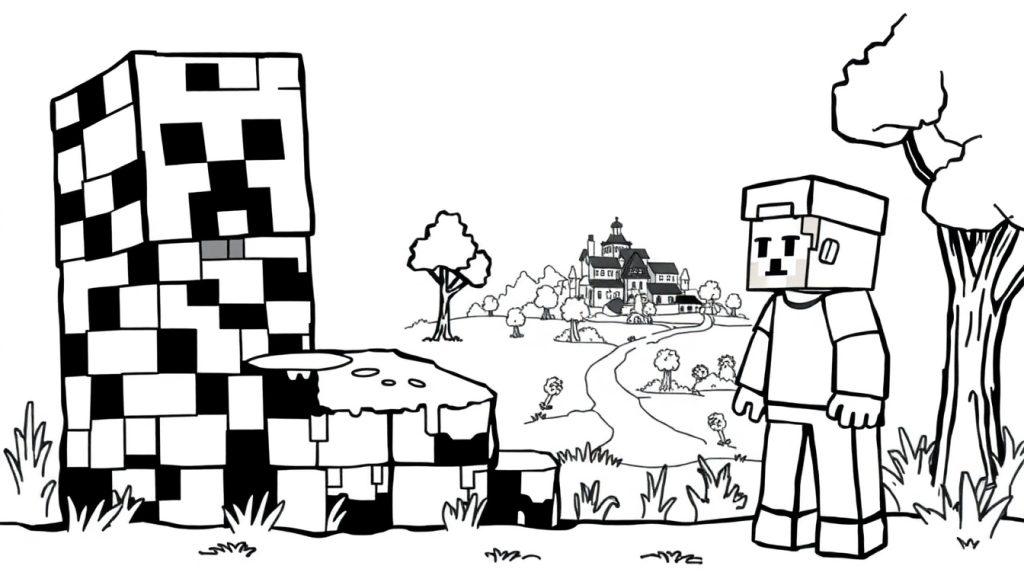 Kleurplaat van een Minecraft-creeper en een speler met een kasteel op de achtergrond