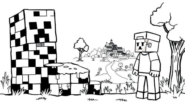 Kleurplaat van een Minecraft-creeper en een speler met een kasteel op de achtergrond