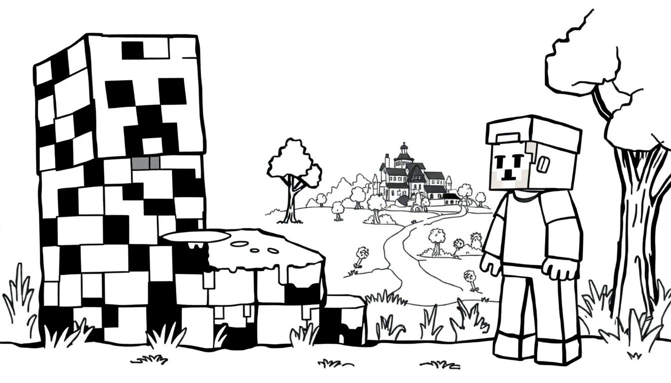 Kleurplaat van een Minecraft-creeper en een speler met een kasteel op de achtergrond