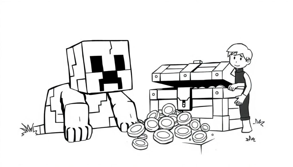 Kleurplaat van een minecraft creeper met een jongen en een schatkist vol munten, allemaal in een speelse cartoonstijl.