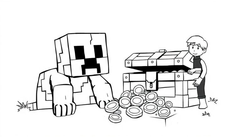 Kleurplaat van een minecraft creeper met een jongen en een schatkist vol munten, allemaal in een speelse cartoonstijl.