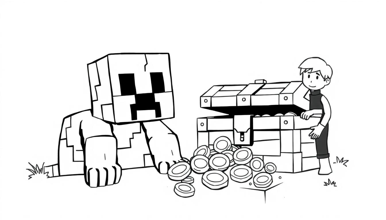 Kleurplaat van een minecraft creeper met een jongen en een schatkist vol munten, allemaal in een speelse cartoonstijl.