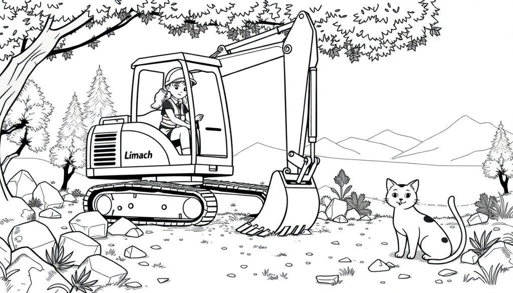 Kleurplaat van een Limach graafmachine in een landschap met bergen, bomen, stenen en een kat die ernaast zit.