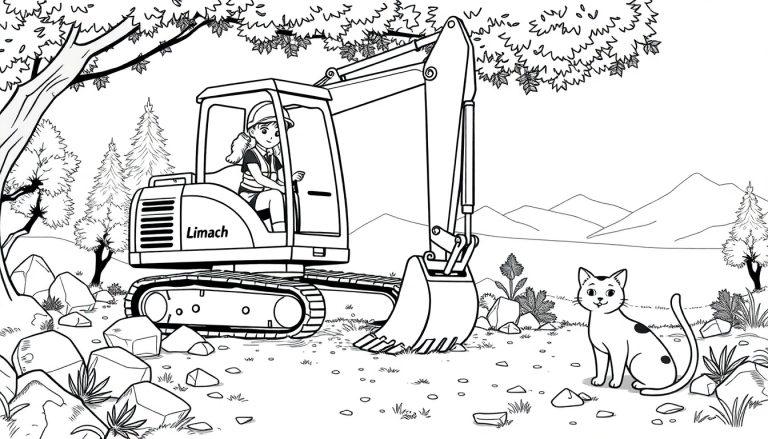 Kleurplaat van een Limach graafmachine in een landschap met bergen, bomen, stenen en een kat die ernaast zit.