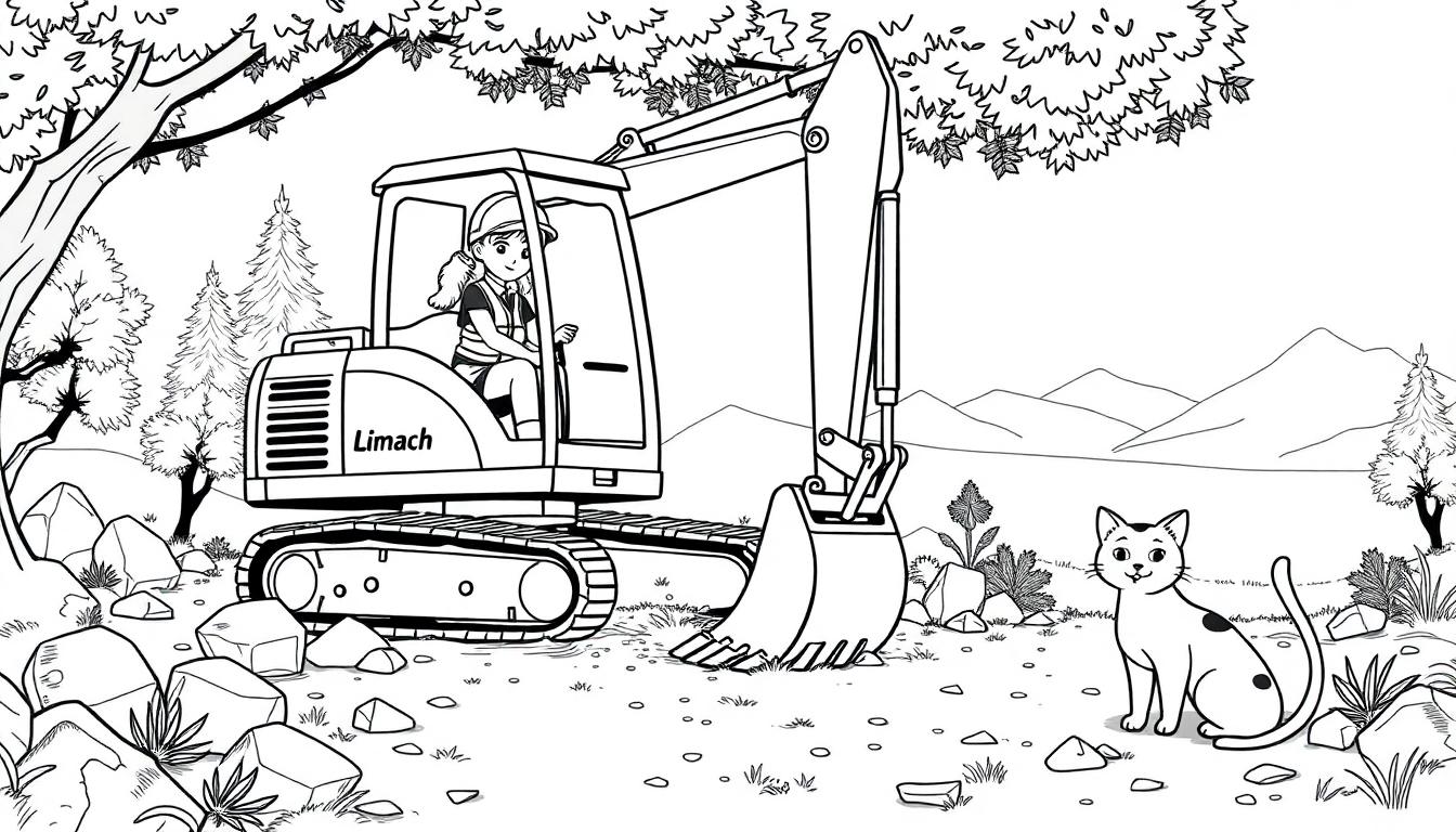 Kleurplaat van een Limach graafmachine in een landschap met bergen, bomen, stenen en een kat die ernaast zit.