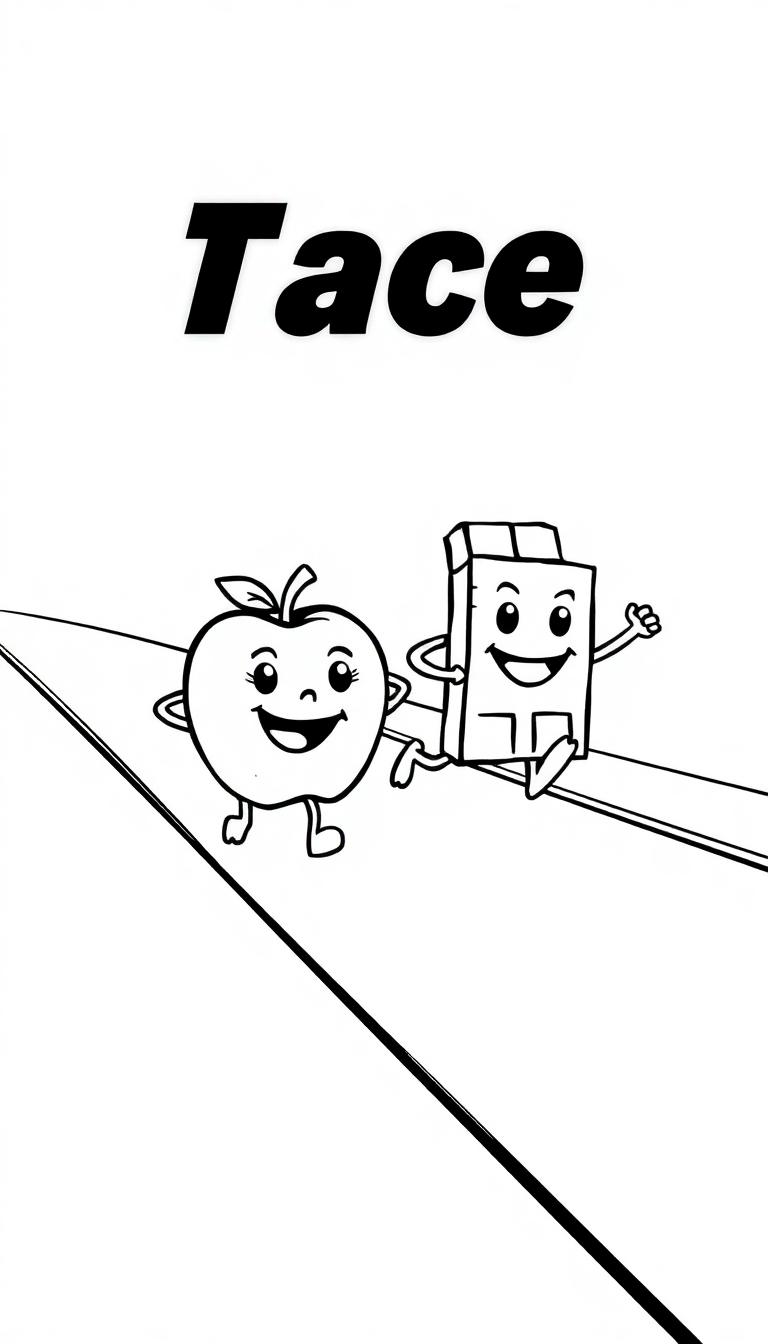 Kleurplaat van een vrolijke appel en een pakje lopen op een weg, met een chocoladereep in beeld, klaar om te racen.