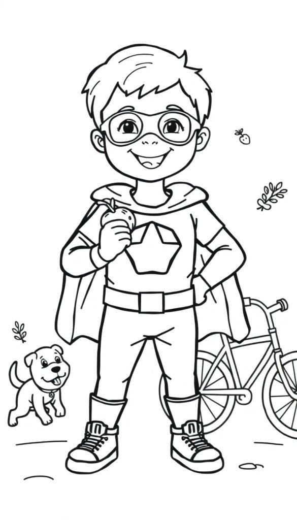Kleurplaat van een jongen verkleed als superheld die gezond eet en plezier heeft met zijn hondje en fiets.