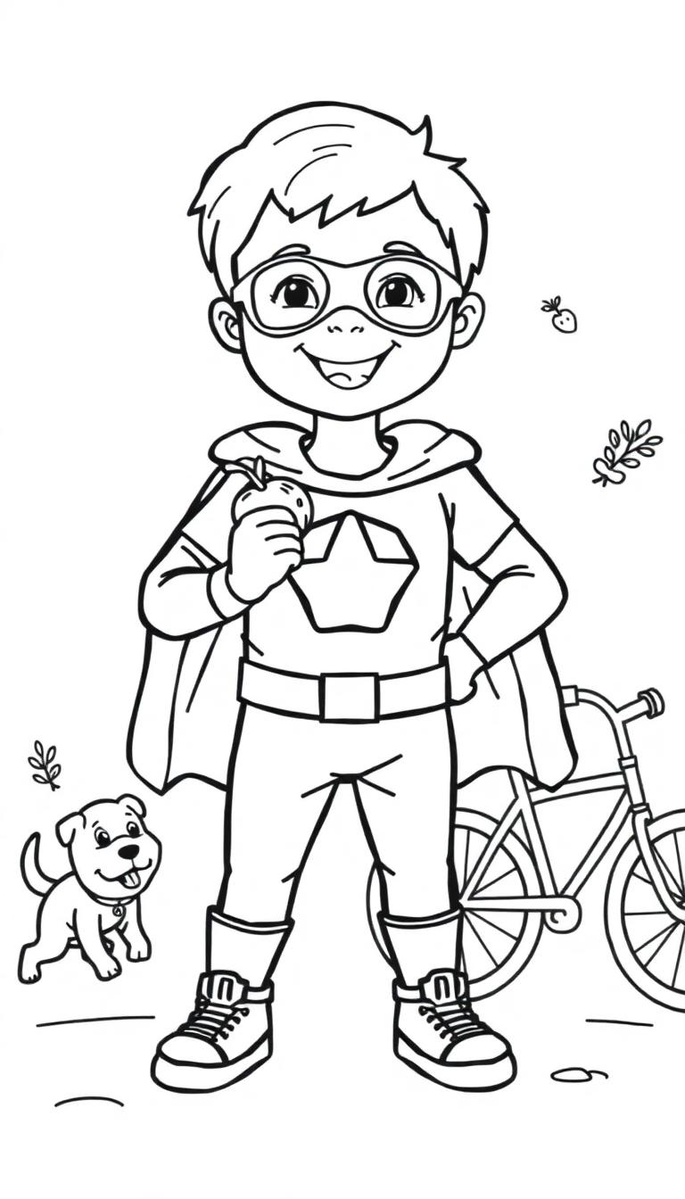 Kleurplaat van een jongen verkleed als superheld die gezond eet en plezier heeft met zijn hondje en fiets.