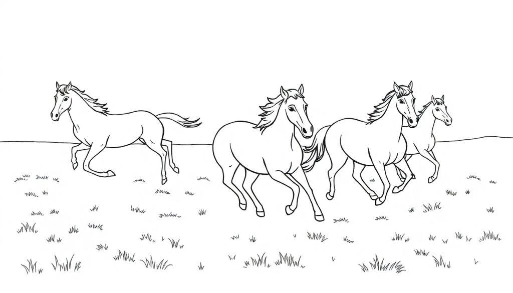 Een kleurplaat van vier paarden die in galop lopen over een open veld, met vloeiende manen en een horizonlijn. Witte lijnen tekenen de paarden en het landschap.