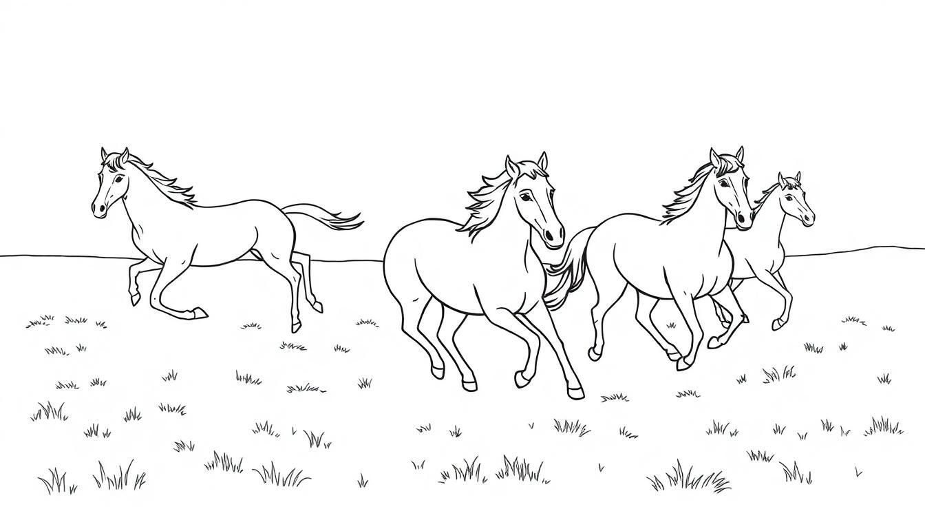 Een kleurplaat van vier paarden die in galop lopen over een open veld, met vloeiende manen en een horizonlijn. Witte lijnen tekenen de paarden en het landschap.