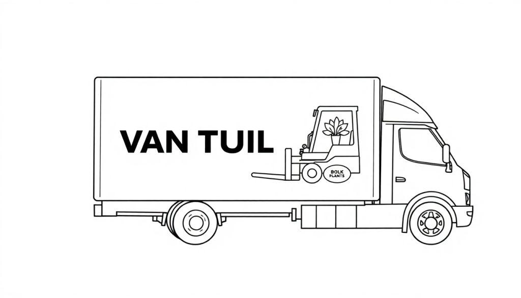 Kleurplaat van een vrachtwagen met 'VAN TUIL' op de zijkant, een heftruck met 'BOLK PLANTS' die een plant vervoert.