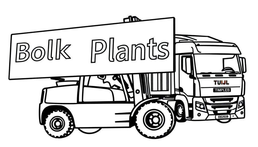 Kleurplaat van een vrachtwagen en een heftruck met een bord voor Bolk Plants. De heftruck tilt het bord, en op de vrachtwagen staan de woorden TUJL en TIMPLEB.