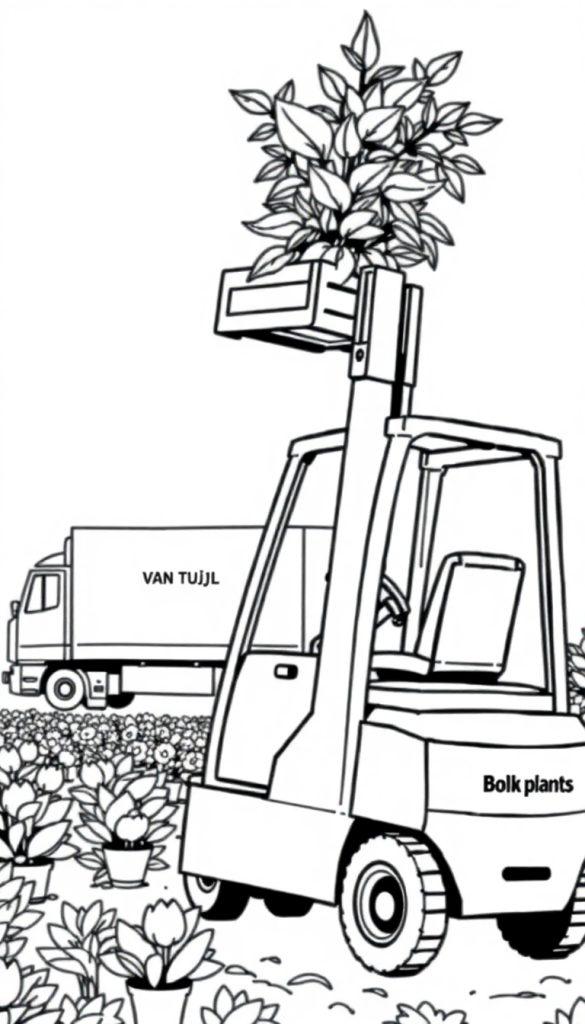 Een kleurplaat van een zwarte en witte tekening van een vorkheftruck die een grote plant vasthoudt, met een vrachtwagen op de achtergrond en potplanten op de grond.