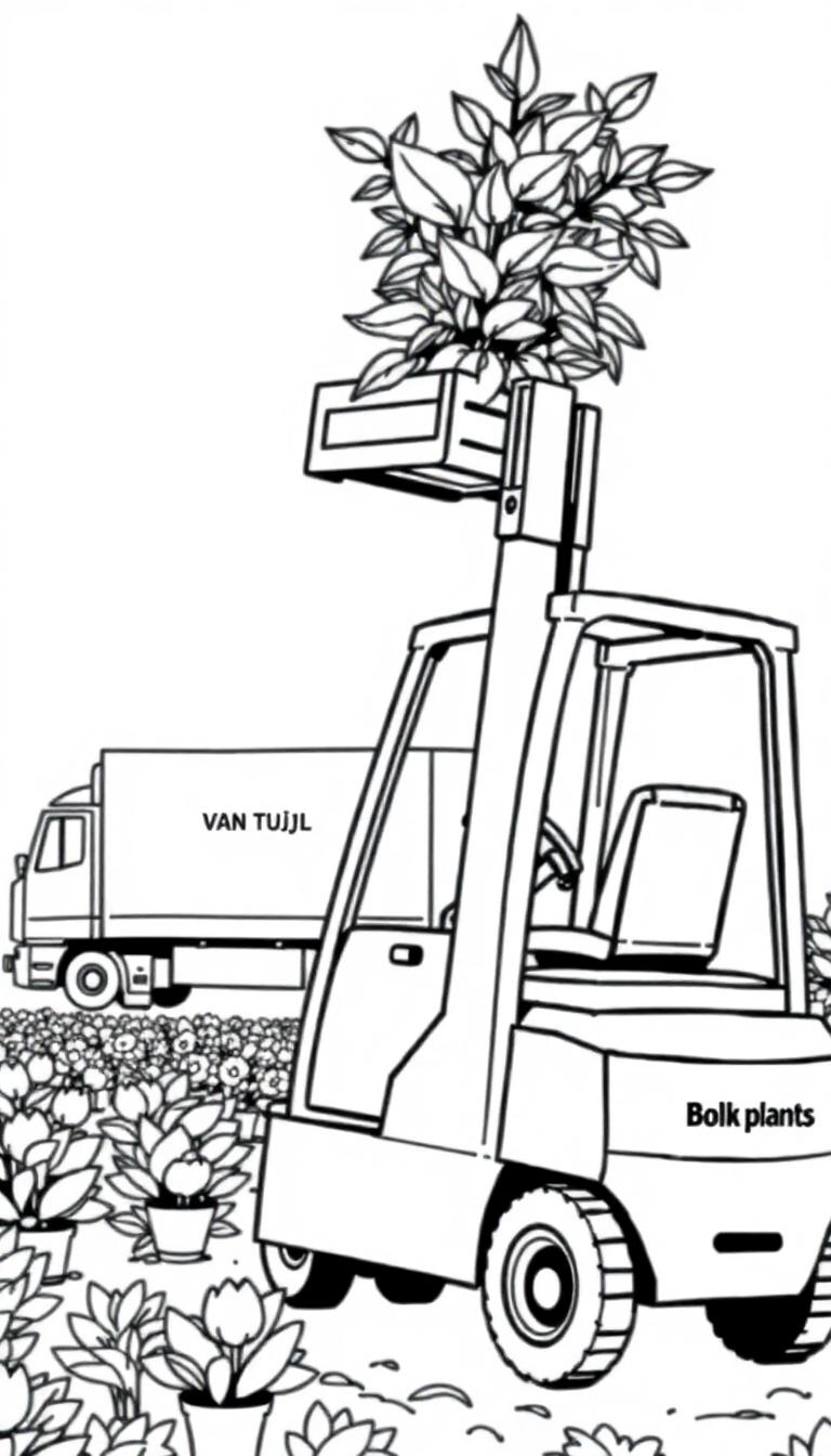 Een kleurplaat van een zwarte en witte tekening van een vorkheftruck die een grote plant vasthoudt, met een vrachtwagen op de achtergrond en potplanten op de grond.