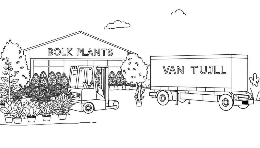 Kleurenplaten afbeelding van een kas met planten, een vrachtwagen met het logo 'Van Tujjl' en een heftruck voor de planten