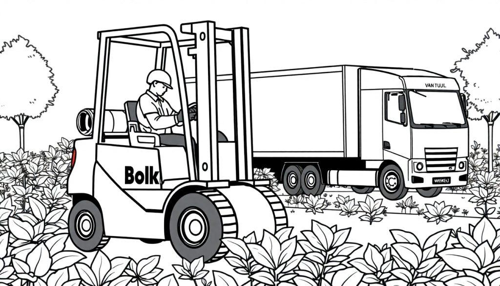 Kleurplaat van een zwart-wit tekening met een vorkheftruck en een vrachtwagen in een groene buitenomgeving, bedoeld voor kinderen.