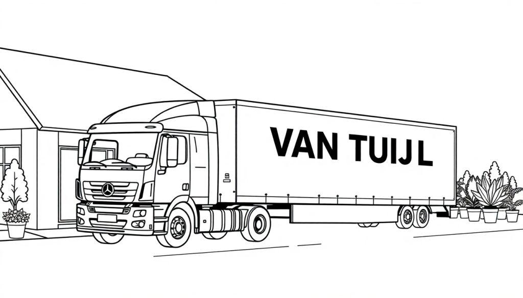 Kleurplaat van een vrachtwagen met trailer van het merk VAN TUIJL die naast een gebouw staat, met planten eromheen.