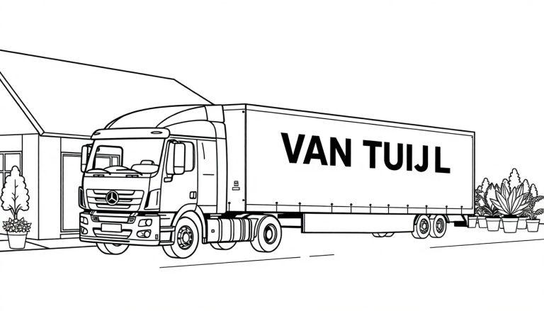 Kleurplaat van een vrachtwagen met trailer van het merk VAN TUIJL die naast een gebouw staat, met planten eromheen.