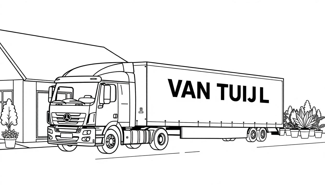Kleurplaat van een vrachtwagen met trailer van het merk VAN TUIJL die naast een gebouw staat, met planten eromheen.