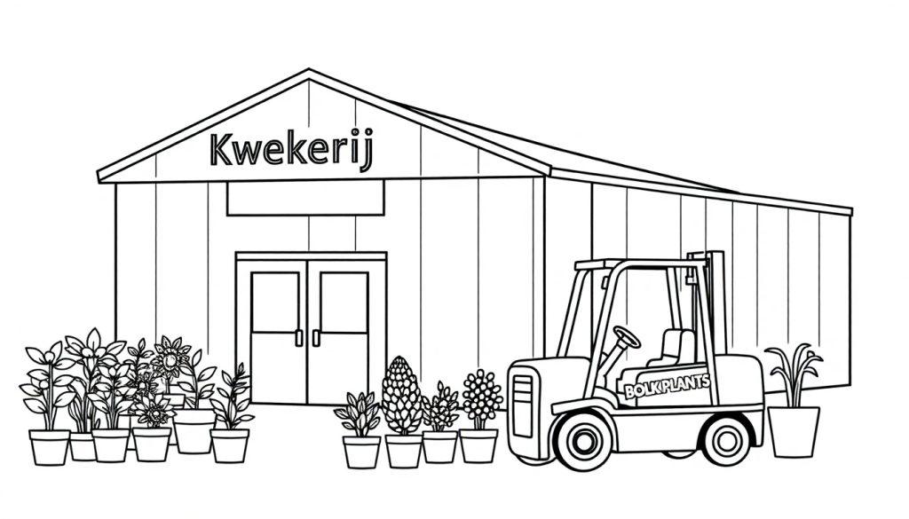 Kleurplaat van een kwekerij met planten, een heftruck en een vrachtwagen, allemaal in schetsstijl zonder kleuren.
