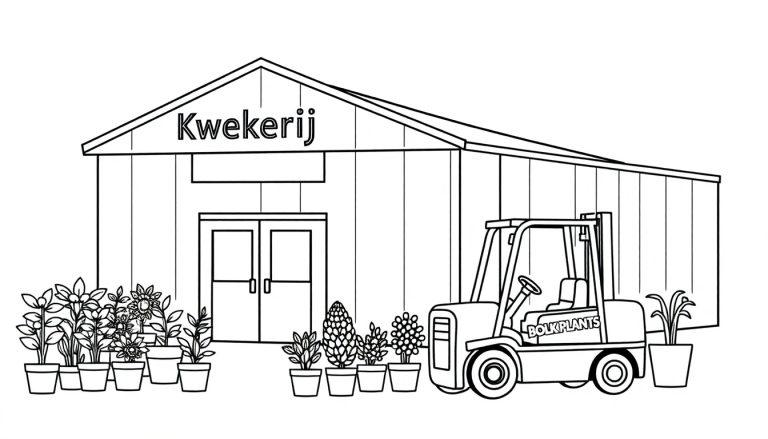 Kleurplaat van een kwekerij met planten, een heftruck en een vrachtwagen, allemaal in schetsstijl zonder kleuren.