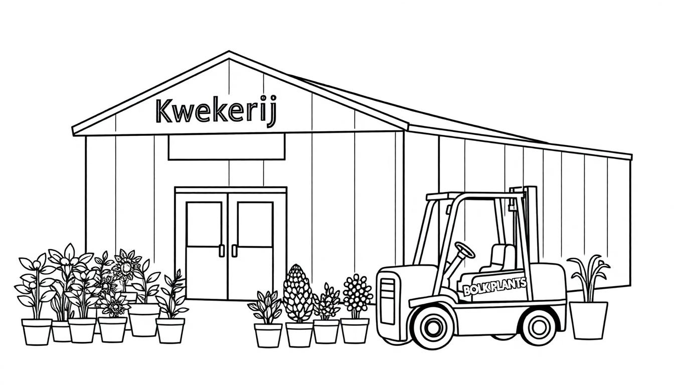 Kleurplaat van een kwekerij met planten, een heftruck en een vrachtwagen, allemaal in schetsstijl zonder kleuren.