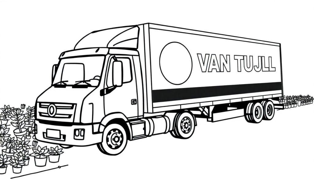 Kleurenplaat van een vrachtwagen met planten en het logo VAN TUIJL.