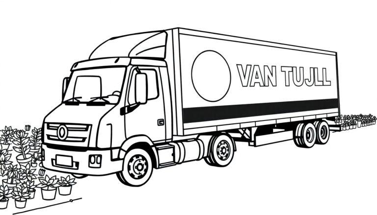 Kleurenplaat van een vrachtwagen met planten en het logo VAN TUIJL.