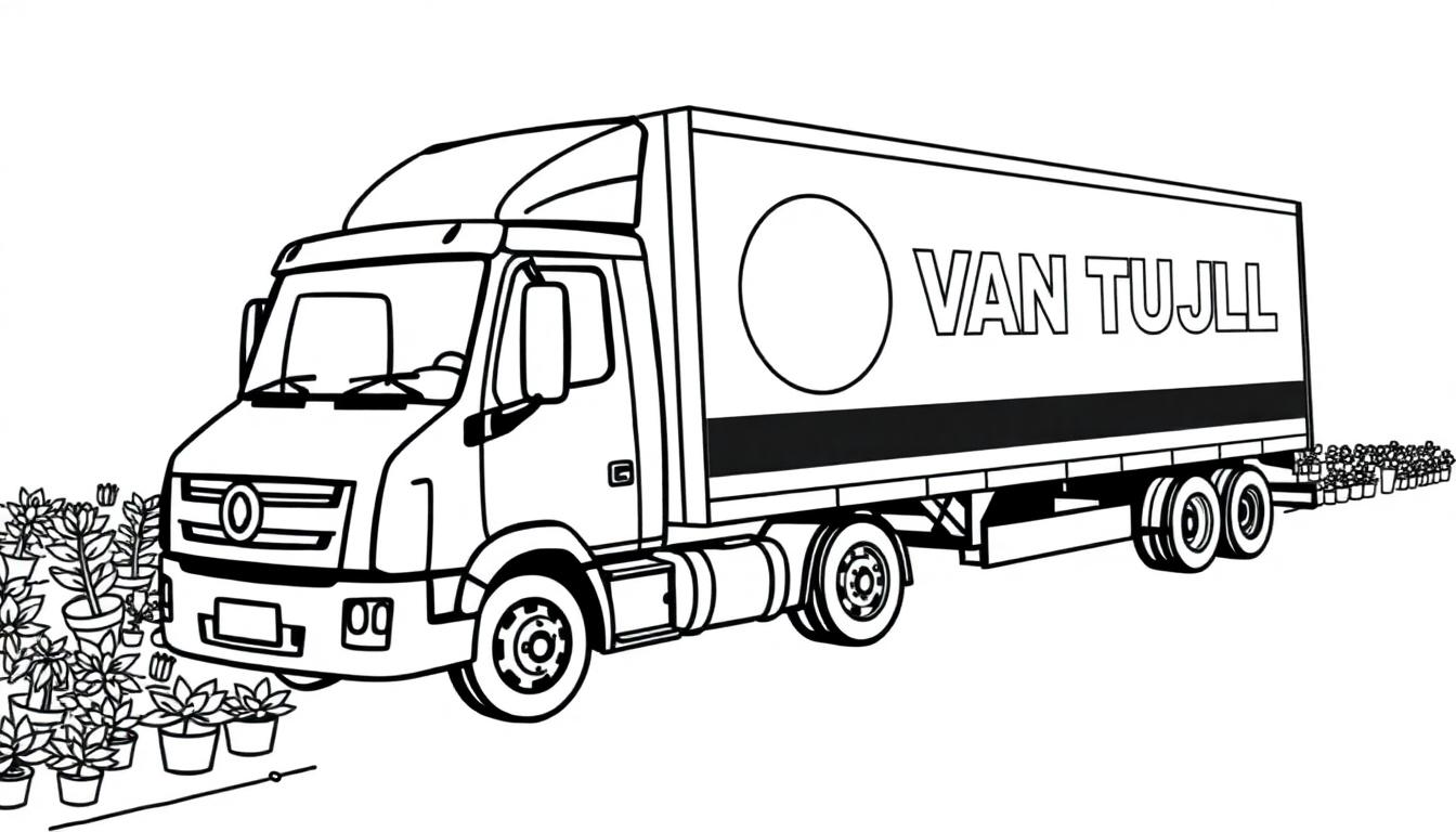 Kleurenplaat van een vrachtwagen met planten en het logo VAN TUIJL.