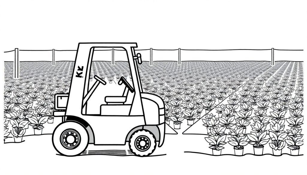 Kleurplaat van een landbouwscene met een tractor, planten in potten en een omheining, perfect voor kinderen om in te kleuren.