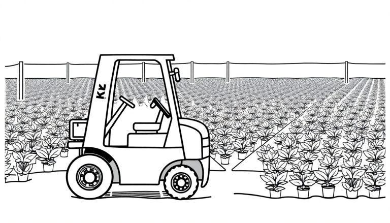 Kleurplaat van een landbouwscene met een tractor, planten in potten en een omheining, perfect voor kinderen om in te kleuren.