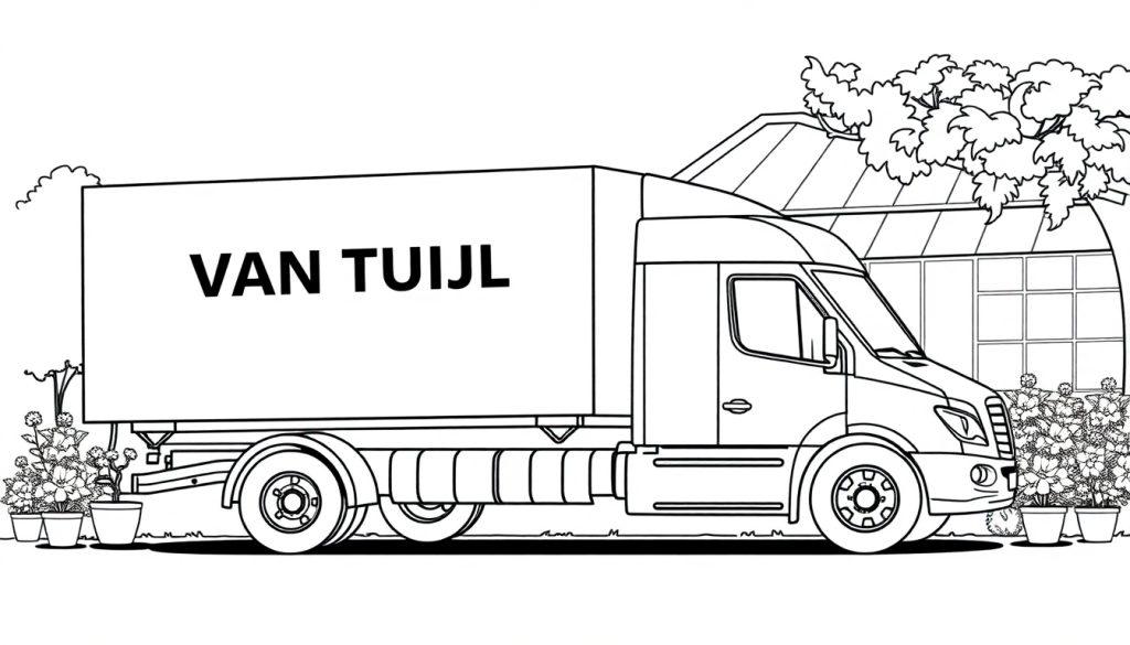 Kleurplaat van een vrachtwagen met planten en bloemen, met de tekst 'VAN TUIJL' op de zijkant, en een tuin met kas en bomen op de achtergrond.