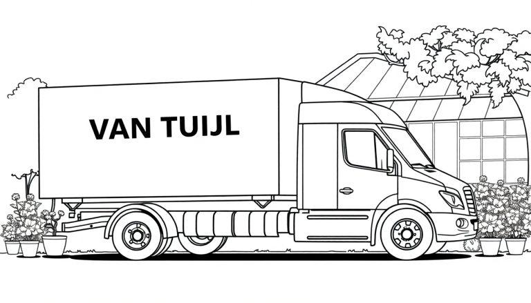 Kleurplaat van een vrachtwagen met planten en bloemen, met de tekst 'VAN TUIJL' op de zijkant, en een tuin met kas en bomen op de achtergrond.