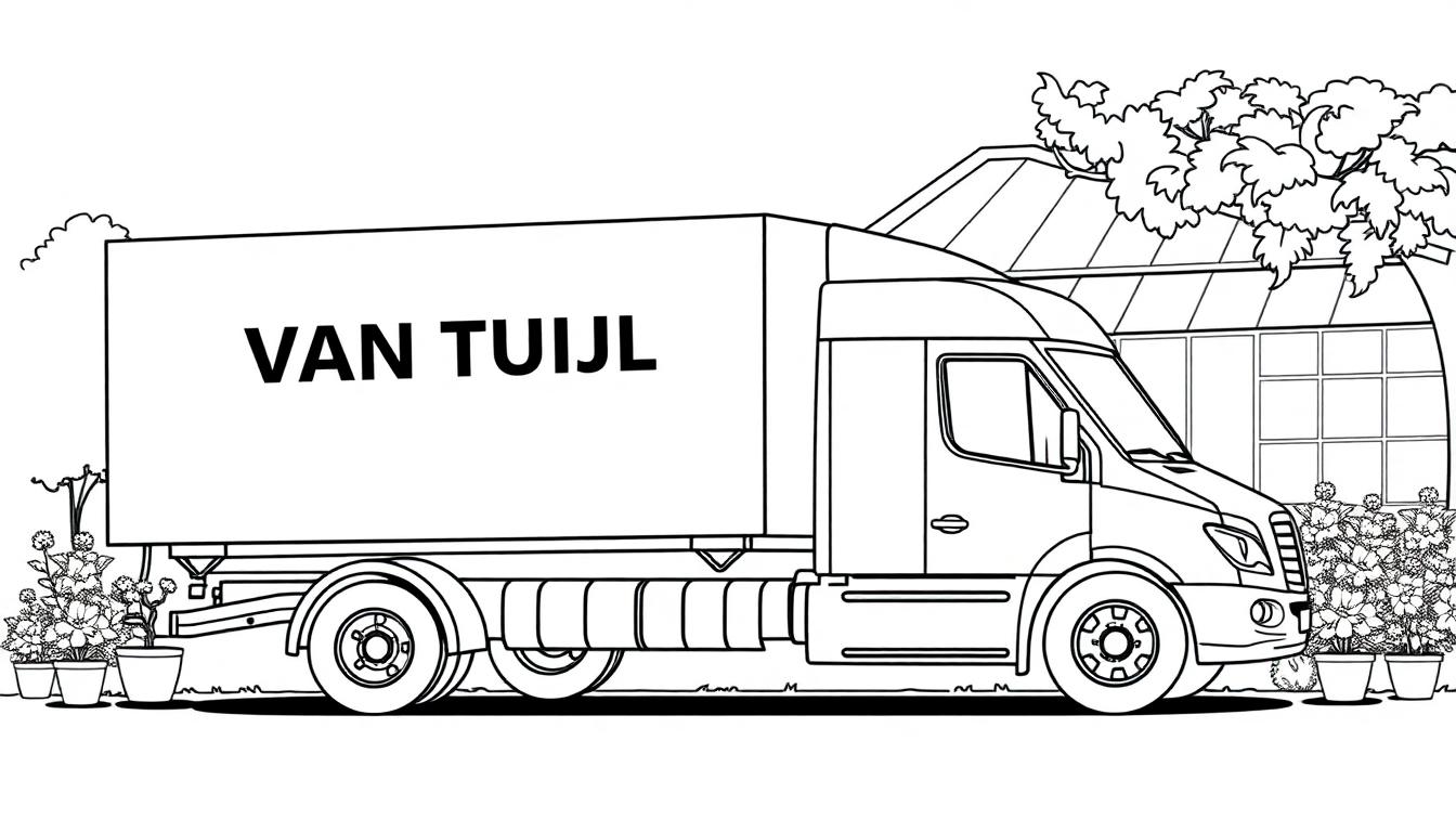 Kleurplaat van een vrachtwagen met planten en bloemen, met de tekst 'VAN TUIJL' op de zijkant, en een tuin met kas en bomen op de achtergrond.