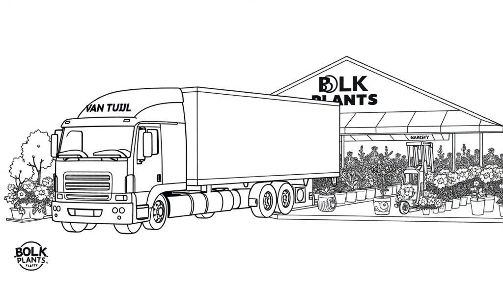 Kleurplaat van een vrachtwagen geparkeerd bij een tuincentrum met planten, een gebouw en een heftruck.