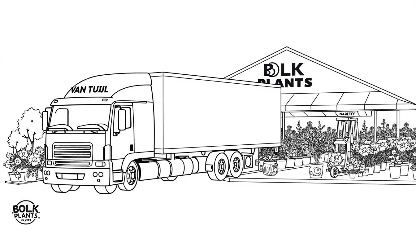 Kleurplaat van een vrachtwagen geparkeerd bij een tuincentrum met planten, een gebouw en een heftruck.