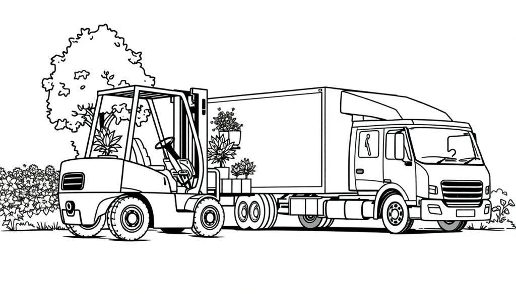 Kleurplaat van een logistieke omgeving met een vorkheftruck en een vrachtwagen, beide vol bloemen en planten. De tekening toont een tuin met een boom en bloemen, perfect voor een kleurplaat voor kinderen.