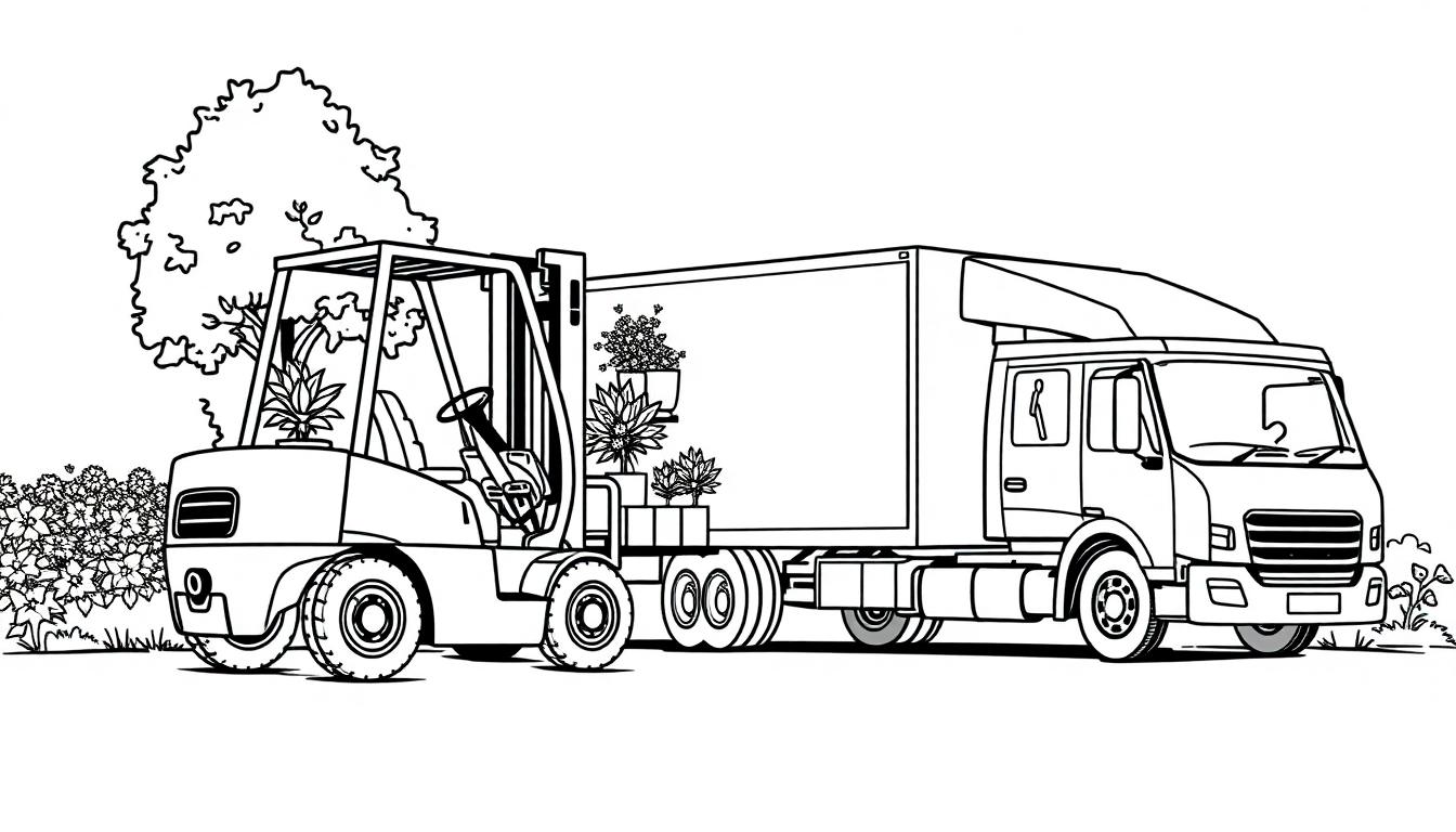 Kleurplaat van een logistieke omgeving met een vorkheftruck en een vrachtwagen, beide vol bloemen en planten. De tekening toont een tuin met een boom en bloemen, perfect voor een kleurplaat voor kinderen.