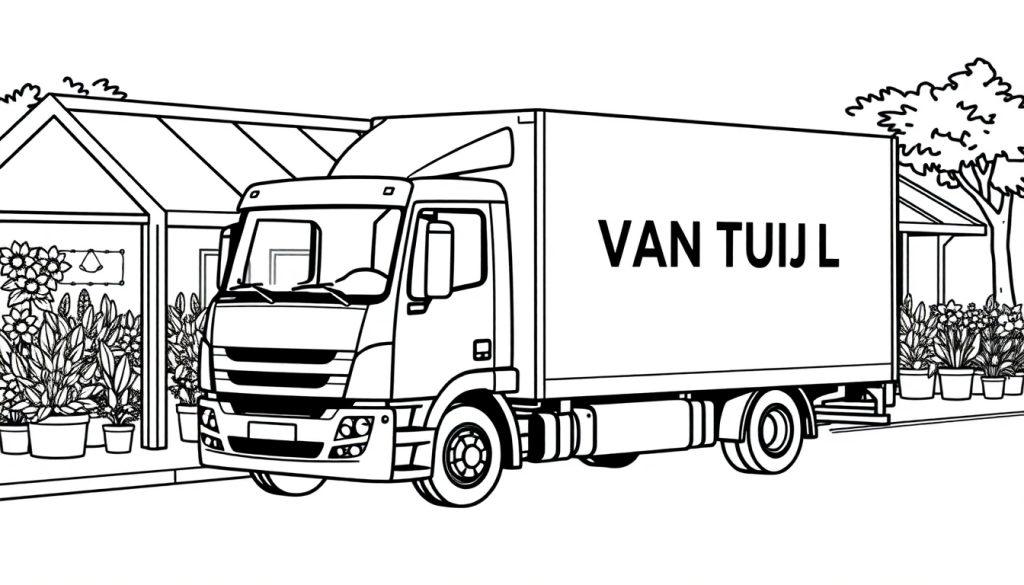 Dit is een kleurplaat van een vrachtwagen met de tekst 'VAN TUIJL' erop die bij een serre of kas staat, vol planten en bloemen, met bomen op de achtergrond.
