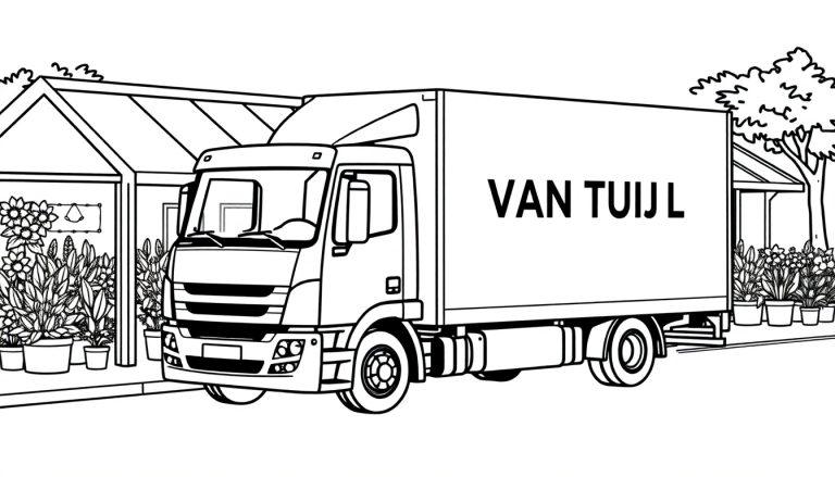 Dit is een kleurplaat van een vrachtwagen met de tekst 'VAN TUIJL' erop die bij een serre of kas staat, vol planten en bloemen, met bomen op de achtergrond.
