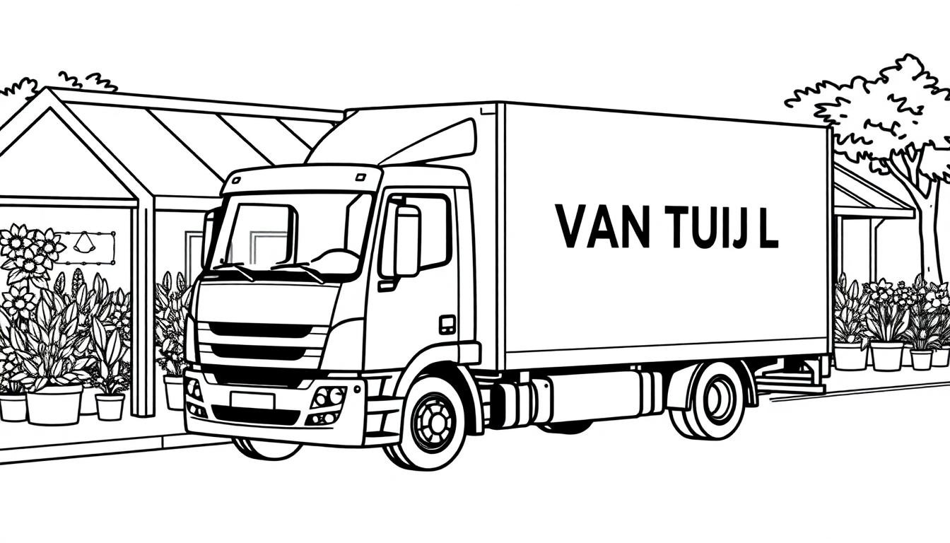 Dit is een kleurplaat van een vrachtwagen met de tekst 'VAN TUIJL' erop die bij een serre of kas staat, vol planten en bloemen, met bomen op de achtergrond.