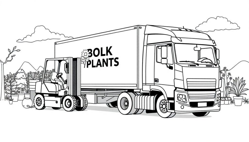 Kleurplaat van een vrachtwagen, een heftruck en planten in een landelijke omgeving.