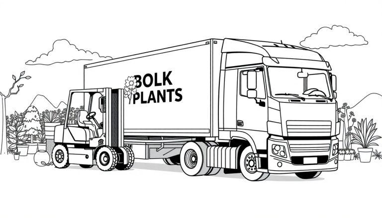 Kleurplaat van een vrachtwagen, een heftruck en planten in een landelijke omgeving.