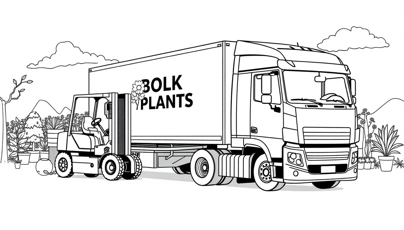 Kleurplaat van een vrachtwagen, een heftruck en planten in een landelijke omgeving.