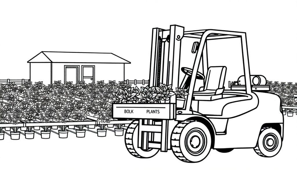Kleurplaat van een tuinbouwomgeving met een vorkheftruck en plantenpotten, schematisch en zwart-wit.
